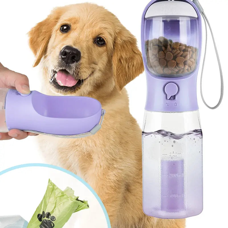 3-in-1 Pet Travel Bottle: 20oz Water, Food & Poop Bag Dispenser, Leakproof