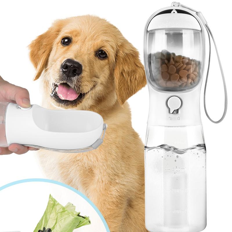 3-in-1 Pet Travel Bottle: 20oz Water, Food & Poop Bag Dispenser, Leakproof
