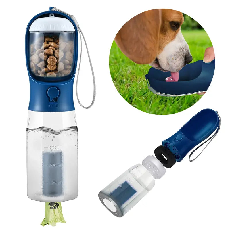 3-in-1 Pet Travel Bottle: 20oz Water, Food & Poop Bag Dispenser, Leakproof