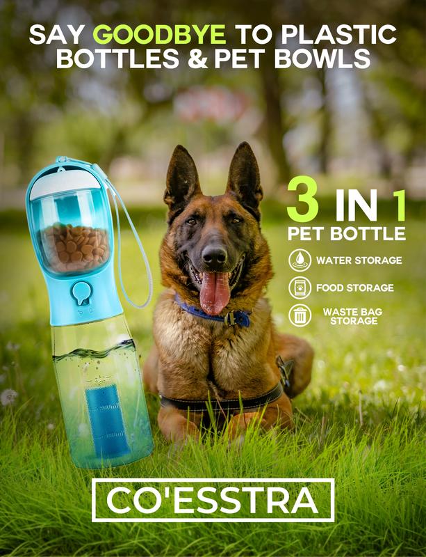 3-in-1 Pet Travel Bottle: 20oz Water, Food & Poop Bag Dispenser, Leakproof