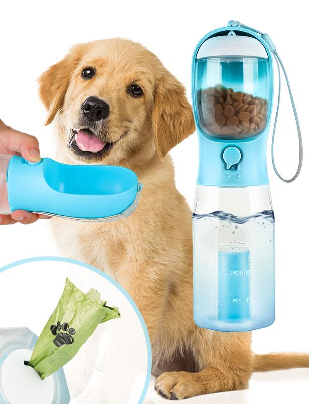3-in-1 Pet Travel Bottle: 20oz Water, Food & Poop Bag Dispenser, Leakproof