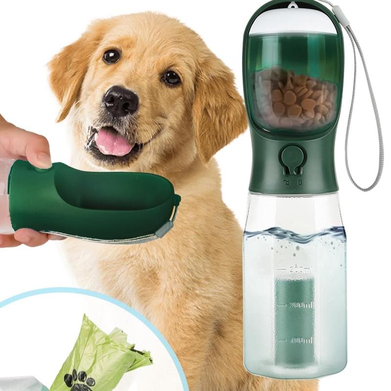 3-in-1 Pet Travel Bottle: 20oz Water, Food & Poop Bag Dispenser, Leakproof